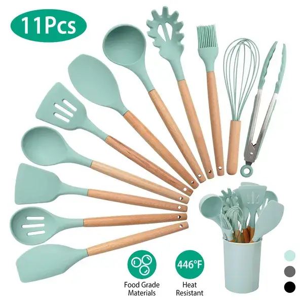 Silicone Cooking Utensil Set with Wooden Handles, 11 Pieces