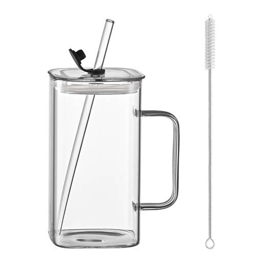 Square Glass Cup with Lid and Straw