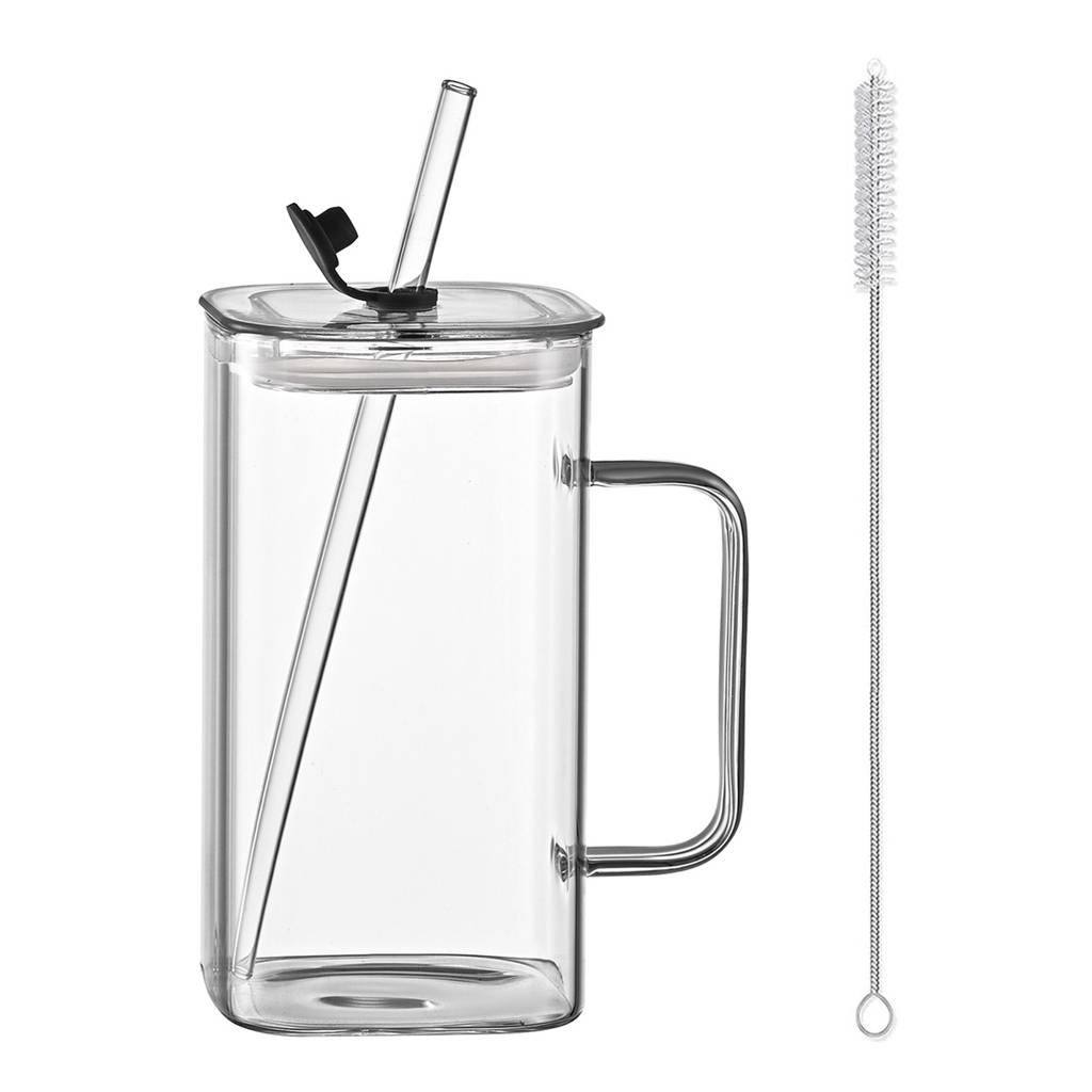 Square Glass Cup with Lid and Straw